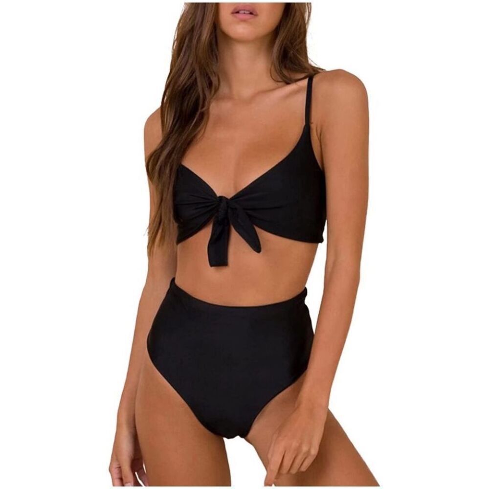 Blooming Jelly black high waisted bikini with front tie top - M